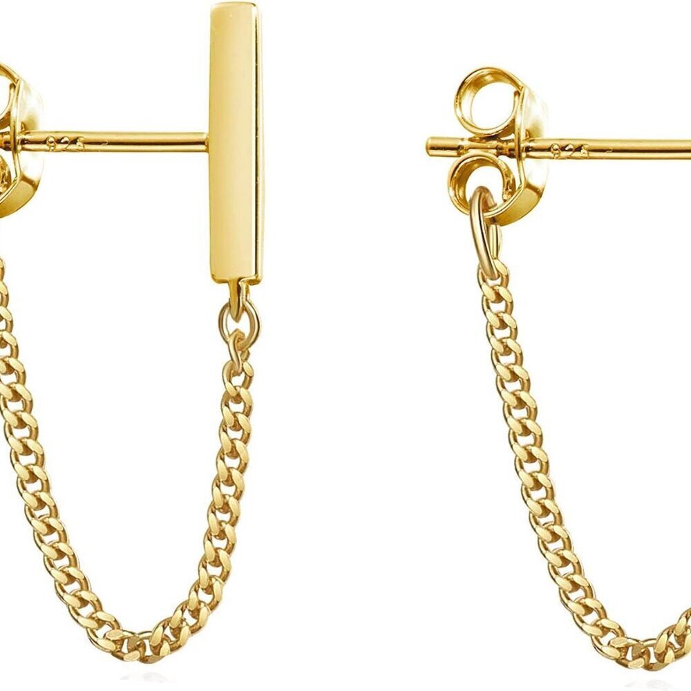 Solid 925 Sterling Silver Stud Earrings Minimalist Bar Earrings with Chain Dangl